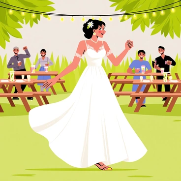A bride wearing a flowing white wedding dress with lace details is dancing gracefully under warm string lights. Her hair is styled elegantly, adorned with delicate white flowers. The cozy backyard setting features wooden picnic tables set with floral centerpieces and candles. Lush green grass surrounds the area, while a soft glow from the string lights creates a magical atmosphere. Guests are seen in the background enjoying the celebration, some holding drinks and smiling.