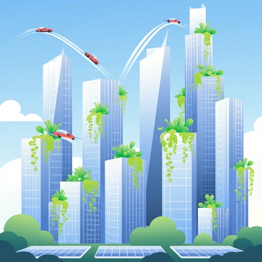 A futuristic city skyline showcases towering skyscrapers made entirely of reflective glass adorned with vibrant greenery. The buildings are designed with various geometric shapes, creating a striking visual contrast against the bright blue sky. Several flying cars zipping through the air are visible, leaving bright trails behind them. Below, lush vertical gardens cascade down from the balconies of the high-rises, while solar panels glimmer in the sunlight. The scene is filled with a sense of dynamic movement and innovation.