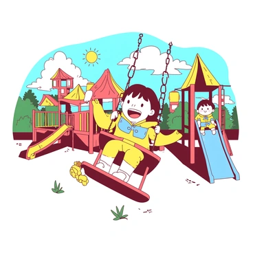 A yellow child is playing on a swing at a playground. The child is wearing a colorful outfit with bright patterns and designs, matching their new friend who is nearby on a slide. The playground is vibrant, filled with various equipment like slides and climbing structures in the background. The sun is shining, creating a cheerful atmosphere as the two children smile and enjoy their playtime together.