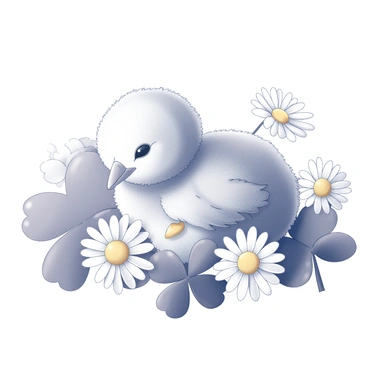 A small chick is resting comfortably on a bed of soft daisies and clovers. The chick is fluffy with delicate feathers, curled up with its head tucked under a wing. Surrounding it, the daisies feature rounded white petals and cheerful yellow centers, while the clovers have rich green leaves with distinct shapes. The composition captures the tranquil scene of the chick nestled among the flowers, creating a peaceful and harmonious atmosphere.
