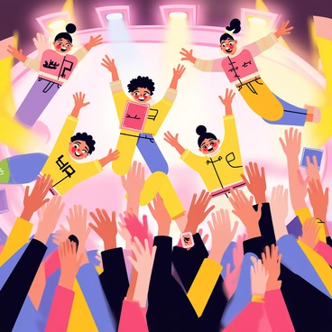 A group of enthusiastic fans with bright clothing are diving into a sea of hands at a concert. The background features a vibrant stage illuminated by colorful lights, casting a joyful ambiance. Some fans are captured mid-air, showcasing expressions of excitement and exhilaration. In the crowd, others are reaching out with wide smiles, eager to catch their fellow concert-goers. Banners and signs can be seen in the audience, adding to the lively atmosphere of the event.