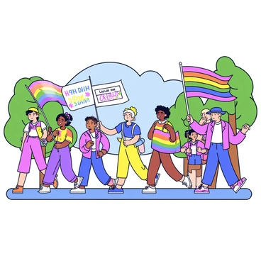 A pride parade with various participants marching together. Some participants are holding colorful flags with vibrant rainbow patterns. Others are carrying banners with slogans of love and acceptance. The scene includes individuals wearing bright clothing and accessories, such as hats and beads, creating a lively atmosphere. The background features a clear sky and a few trees lining the street where the parade takes place.