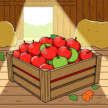 A rustic wooden crate filled to the brim with shiny, red and green apples. The crate has slats that allow glimpses of the apples inside, showcasing their plumpness and vibrant colors. Sunlight streams in through an opening in the barn, casting warm golden rays of light that illuminate the apples and create soft shadows. In the background, wooden beams and hay bales can be seen, adding to the cozy, farm-like atmosphere. The floor is made of aged wooden planks, with a few scattered leaves around the crate.