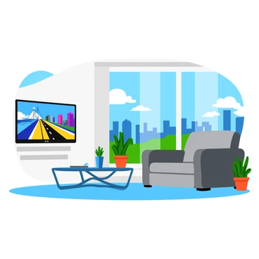 A modern apartment interior featuring a large, floor-to-ceiling window that showcases a vibrant city skyline. The room is furnished with minimalist furniture, including a sleek gray sofa and a glass coffee table. A flat-screen TV is mounted on the wall, displaying a cityscape documentary with colorful images of various buildings and streets. Light streams into the apartment, illuminating the space and creating a lively atmosphere. Potted plants add a touch of greenery to the decor.