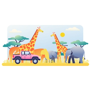 A 4x4 vehicle is parked in the African savannah, the sun casting warm light over the landscape. Surrounding the vehicle are several tall giraffes, their long necks stretching toward the acacia trees in the distance. Nearby, a group of elephants is grazing peacefully, their large ears flapping gently in the breeze. The grass is a golden hue, dotted with yellow wildflowers, and a few clouds drift lazily across the bright blue sky above. The scene captures the essence of wildlife in their natural habitat.