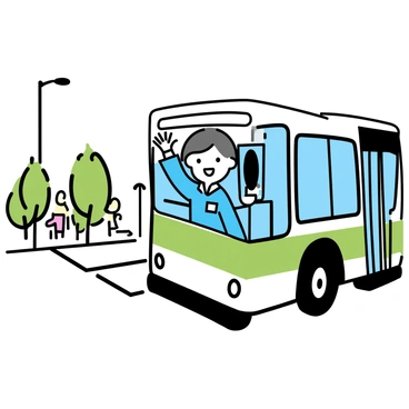 A cheerful bus driver with short brown hair is waving from the open door of a green and white transit bus. The driver is wearing a blue uniform with a name tag. The bus has large windows and is parked at a bus stop. The background features a city street with a few pedestrians and trees lining the sidewalk.