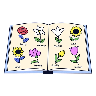 An illustration that features various flowers arranged in a flower book layout. Each flower is labeled with its name in a clear, bold font. The flowers include a red rose symbolizing love, a white lily representing purity, and a yellow sunflower signifying happiness. Each flower is depicted with its characteristic colors and shapes, placed on a simple, light background, allowing the vivid colors of the flowers to stand out. The composition organizes the flowers in a neat, informative manner, highlighting their cultural significance.
