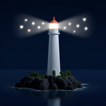 A tall white lighthouse with a red roof stands on a rocky shore. The lighthouse is illuminated, casting a bright beam of light that features various CPF-related icons, such as a shield, a checkmark, and a pie chart. These icons are scattered within the beam, glowing brightly against the night sky. The sea below is calm, with gentle waves reflecting the light from the lighthouse. The surrounding landscape consists of dark cliffs and a few sparse, green trees near the base of the lighthouse.