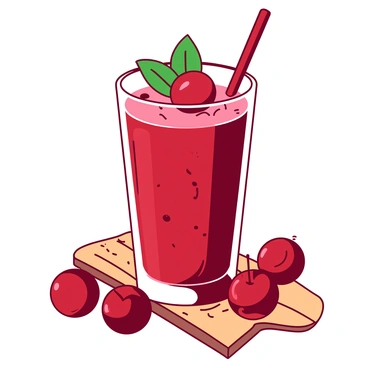 A red smoothie is served in a clear glass, showcasing its vibrant color. The glass is filled to the brim, and there are small cherry bits visible throughout the smoothie. On top of the smoothie, a single fresh cherry rests, its deep red hue complementary to the drink. A green mint leaf is placed next to the cherry, adding a touch of freshness to the presentation. The glass sits on a wooden table, surrounded by a few whole cherries to enhance the inviting appearance.