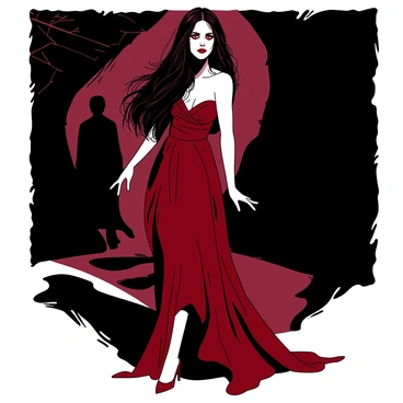 A duotone illustration features a mysterious vampire woman standing in a dimly lit environment. Her skin is a pale white, contrasting with her deep red dress that flows elegantly to the ground. She has long, flowing black hair cascading over her shoulders. Her piercing eyes shine with an intense red glow, capturing attention with their depth. A knowing smile plays on her lips, suggesting confidence and allure. In the background, shadowy figures are faintly visible, adding to the enigmatic atmosphere surrounding her.
