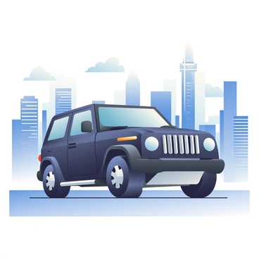 A black G-Wagon is parked on a wide street, facing forward. The vehicle has a sleek, shiny exterior and distinctive features such as large wheels and prominent headlights. In the background, a panoramic cityscape stretches across the horizon, featuring tall skyscrapers with glass facades reflecting the sunlight. The sky is clear and blue, and there are a few white clouds scattered throughout. The scene conveys a sense of luxury and urban life, with the G-Wagon as the focal point against the bustling city backdrop.