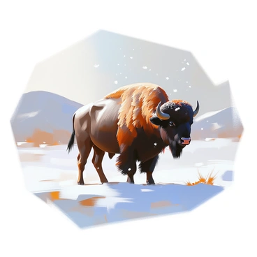 A lone buffalo with a thick, shaggy coat stands majestically in a snowy landscape. The buffalo's large, curved horns are prominently displayed, and its fur is dusted with soft snowflakes. Surrounding the buffalo is a vast expanse of white snow that blankets the ground, with gentle hills in the background. Snowflakes are falling softly from a pale, gray sky, creating a serene atmosphere around the solitary animal. The buffalo gazes calmly into the distance, adding a sense of stillness to the winter scene.