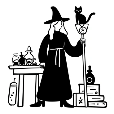 A witch wearing a long, flowing robe stands confidently. She has long hair cascading down her back. A friendly black cat is perched on her shoulder, with its tail curled playfully. The witch holds a wooden staff in one hand, which has a glowing orb at its tip. Around her, various magical items, such as potion bottles and spell books, are scattered on a wooden table. The setting is an enchanting interior filled with mystical artifacts.