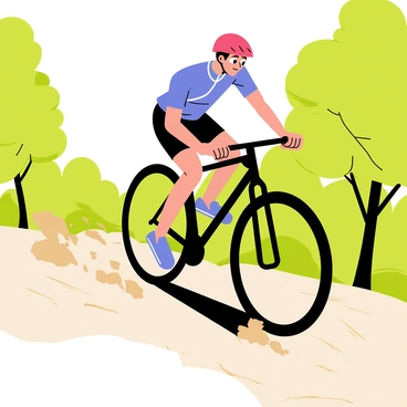 A cyclist wearing a bright red helmet and a blue jersey is riding a sleek black sports bike. The bike has thin tires designed for speed and agility. The cyclist is navigating a rugged off-road trail surrounded by lush green trees and rocky terrain. Dust is kicked up from the bike's tires as it speeds over uneven ground. The sun is shining brightly, casting shadows on the trail, highlighting the cyclist's focused expression as they tackle the challenge ahead.