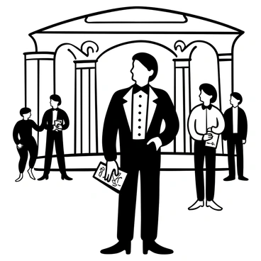 A patron wearing a formal tuxedo stands in front of an ornate opera house entrance. The tuxedo features a shiny satin lapel, and the patron is holding a small, intricately designed program in one hand. The opera house has grand columns and elaborate decorative elements. A pair of elegant gloves rests on the patron's arm. The scene includes other patrons in the background, each dressed in formal evening attire, creating a sophisticated atmosphere.