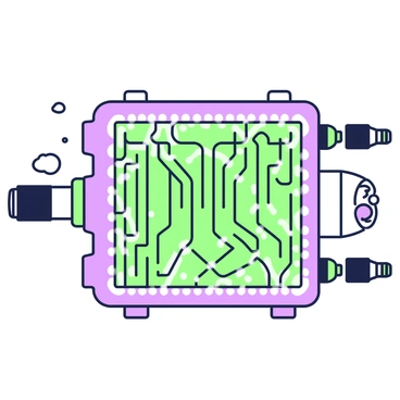 A futuristic microchannel heat exchanger is depicted, showcasing intricate micro pathways. The heat exchanger features a series of tightly packed channels, with each channel displaying a unique geometric pattern. The surfaces of the channels are smooth, allowing for efficient fluid flow. Surrounding the heat exchanger is a transparent casing that highlights the complexity of the internal structure. Small droplets of fluid can be seen flowing through the channels, illustrating the exchanger's functionality. Various connectors and fittings are attached to the sides of the unit, emphasizing its advanced engineering design.