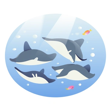 A group of manta rays with smooth, dark gray bodies is swimming together in a synchronized formation underwater. Each manta ray has large, triangular wings and a distinct white underbelly that contrasts with their darker topside. They are gliding gracefully through clear blue waters, with soft sunlight filtering down from the surface and illuminating their bodies. Bubbles are rising around them, and small fish are darting in and out of the frame, adding a sense of liveliness to the scene. The manta rays are positioned in a V-shape, moving effortlessly as they navigate through the ocean currents.