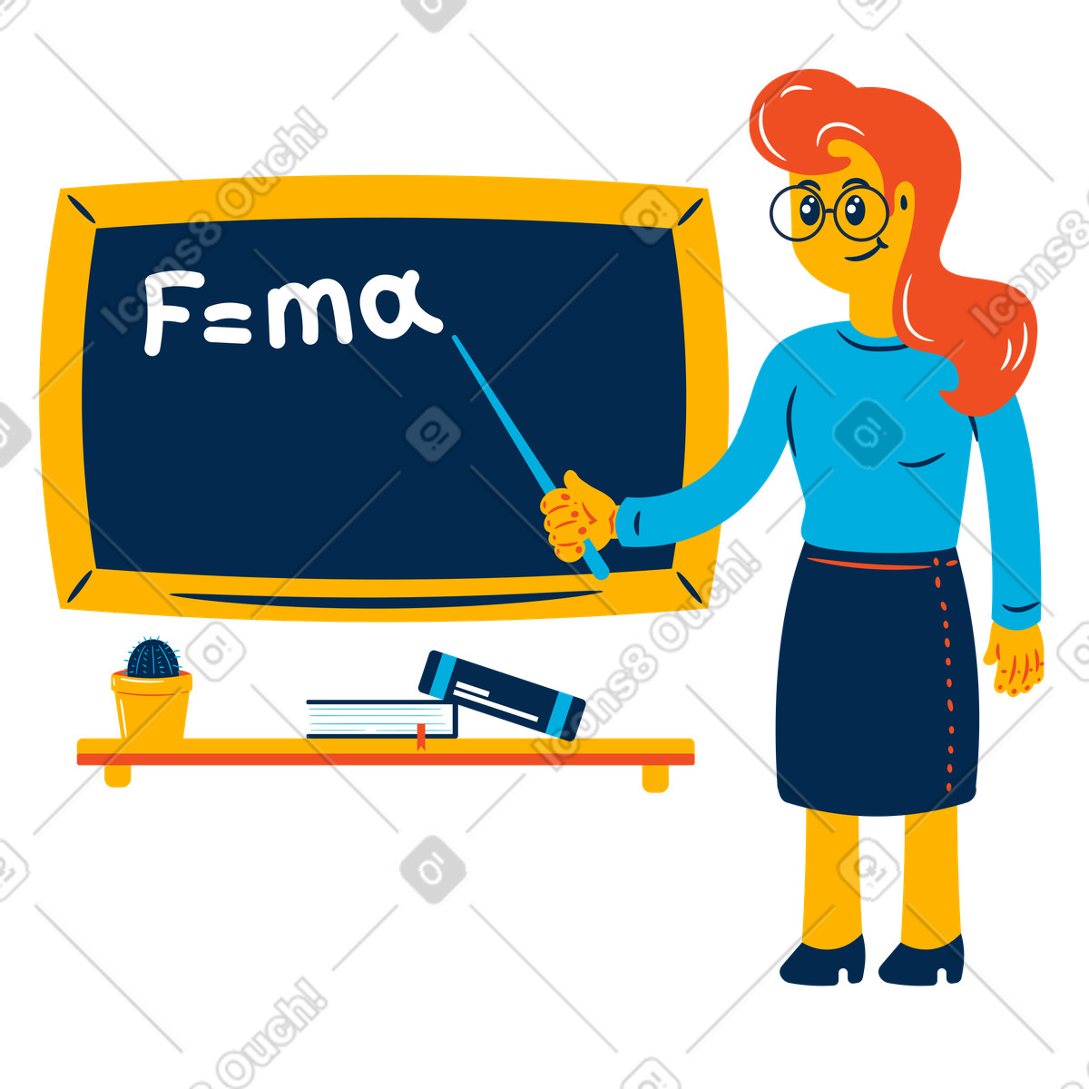 Illustration Professeur d'école pointant vers un tableau noir avec une formule de physique dans le style Flame à télécharger aux formats PNG, SVG