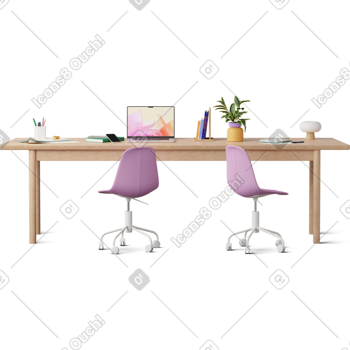 Illustration Vue de face du bureau avec chaises, ordinateur portable et papiers dans le style 3D Hygge à télécharger aux formats PNG, SVG