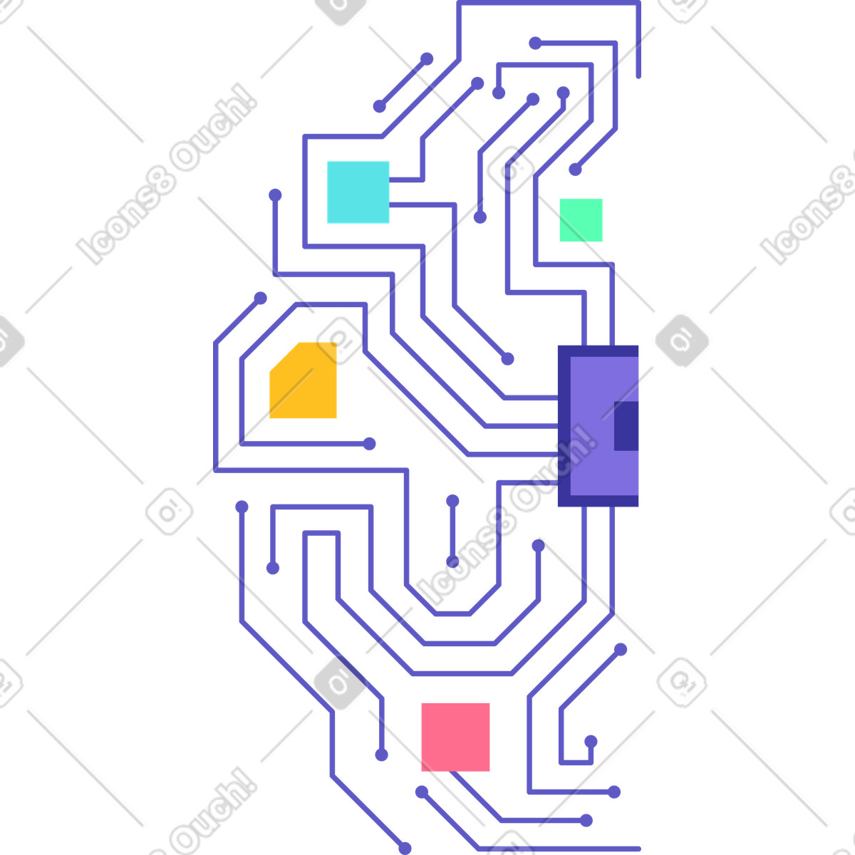 Linee di circuito con chip a forma cervello illustrazione in stile Bright scarica in PNG, SVG