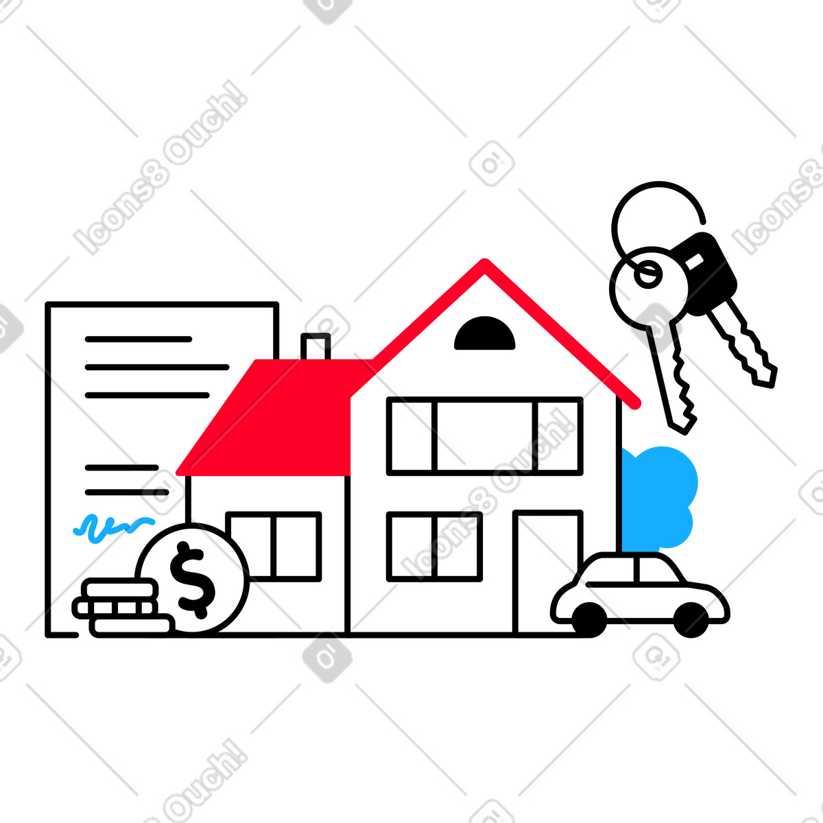 Ilustración animada Seguro inmobiliario en estilo Transistor a descargar en GIF, Lottie (JSON), AE