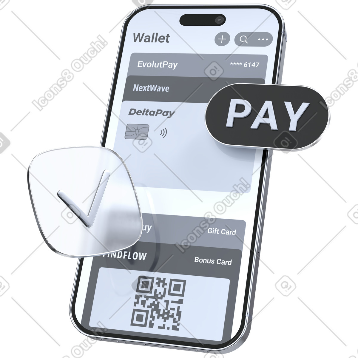 Successful mobile wallet payment app with QR code checkout illustration in 3D Pro style download in PNG, SVG