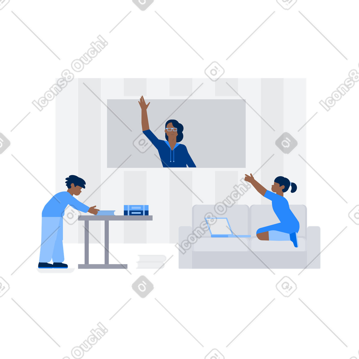 Students studying at home with laptop and video lesson, Online school education illustration in Urban style download in PNG, SVG