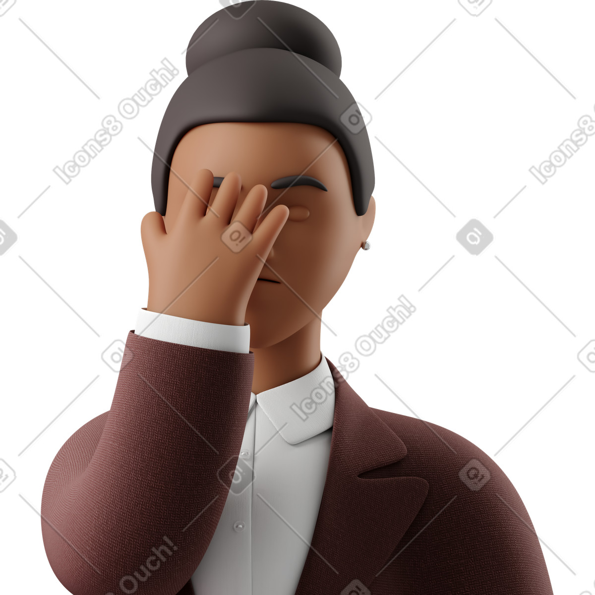 Illustration Close up of black businesswoman in brown suit facepalming dans le style 3D Business à télécharger aux formats PNG, SVG