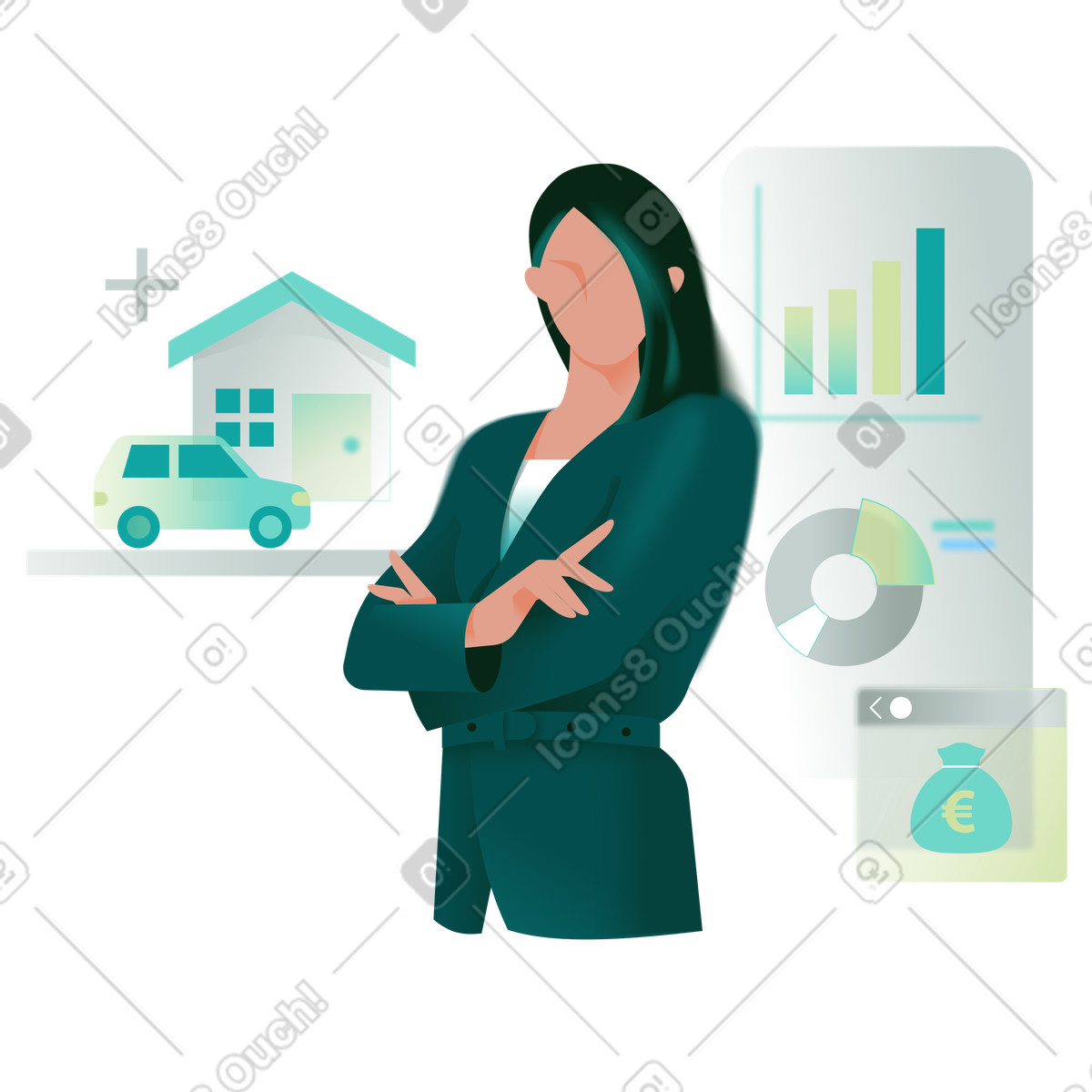 Ilustración Empresaria invirtiendo en propiedades y acciones estilo Office a descargar PNG SVG