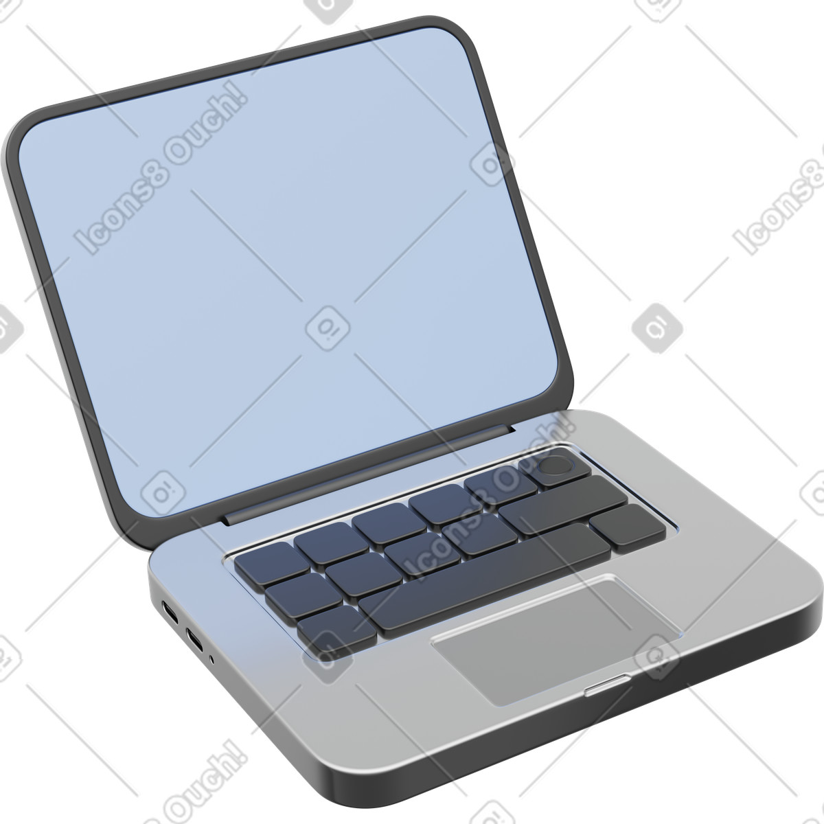 Laptop computer open display screen with keyboard and touchpad perspective view illustration in 3D Playful style download in PNG, SVG