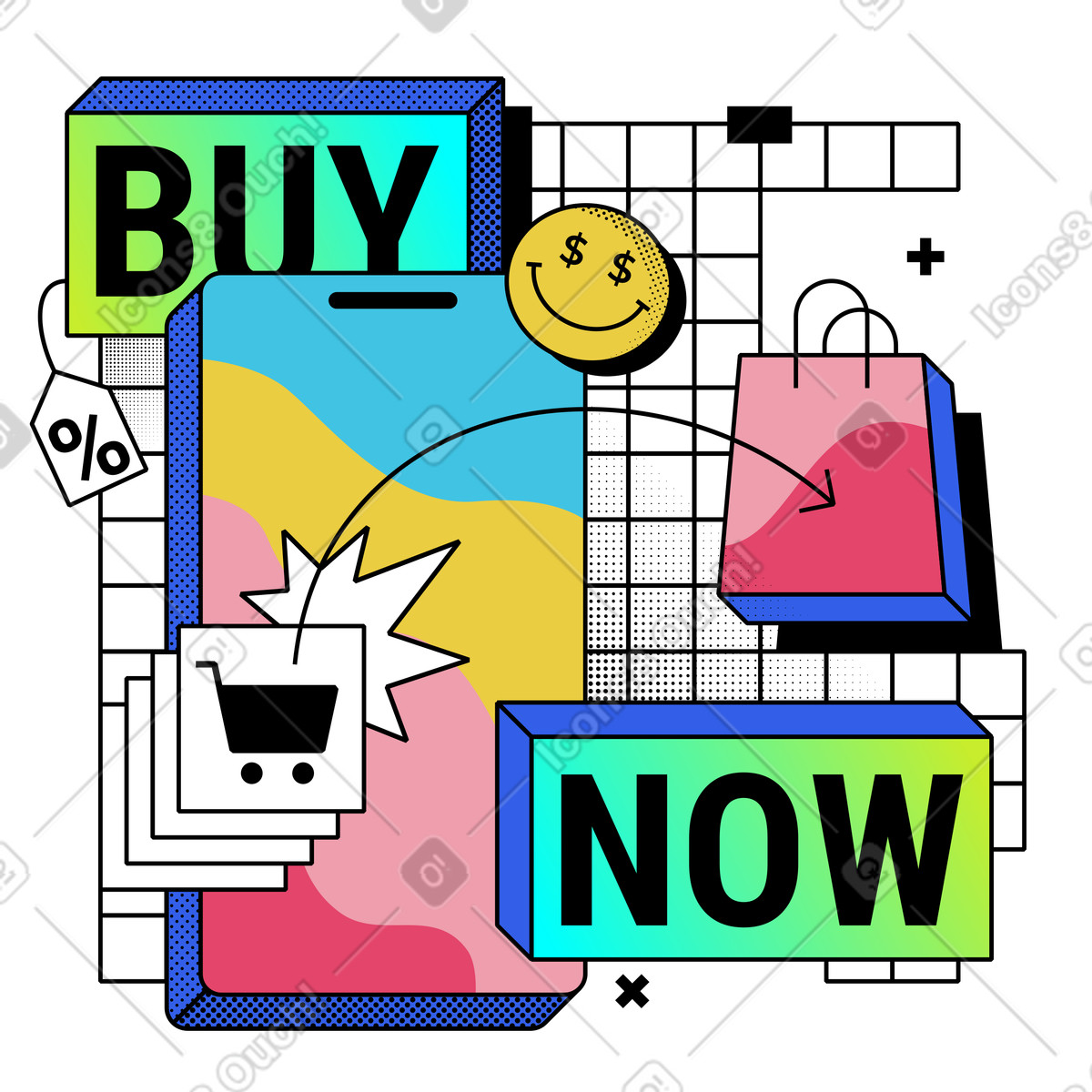 Ilustración Compras online y compra ahora. en estilo Memphis a descargar en PNG SVG