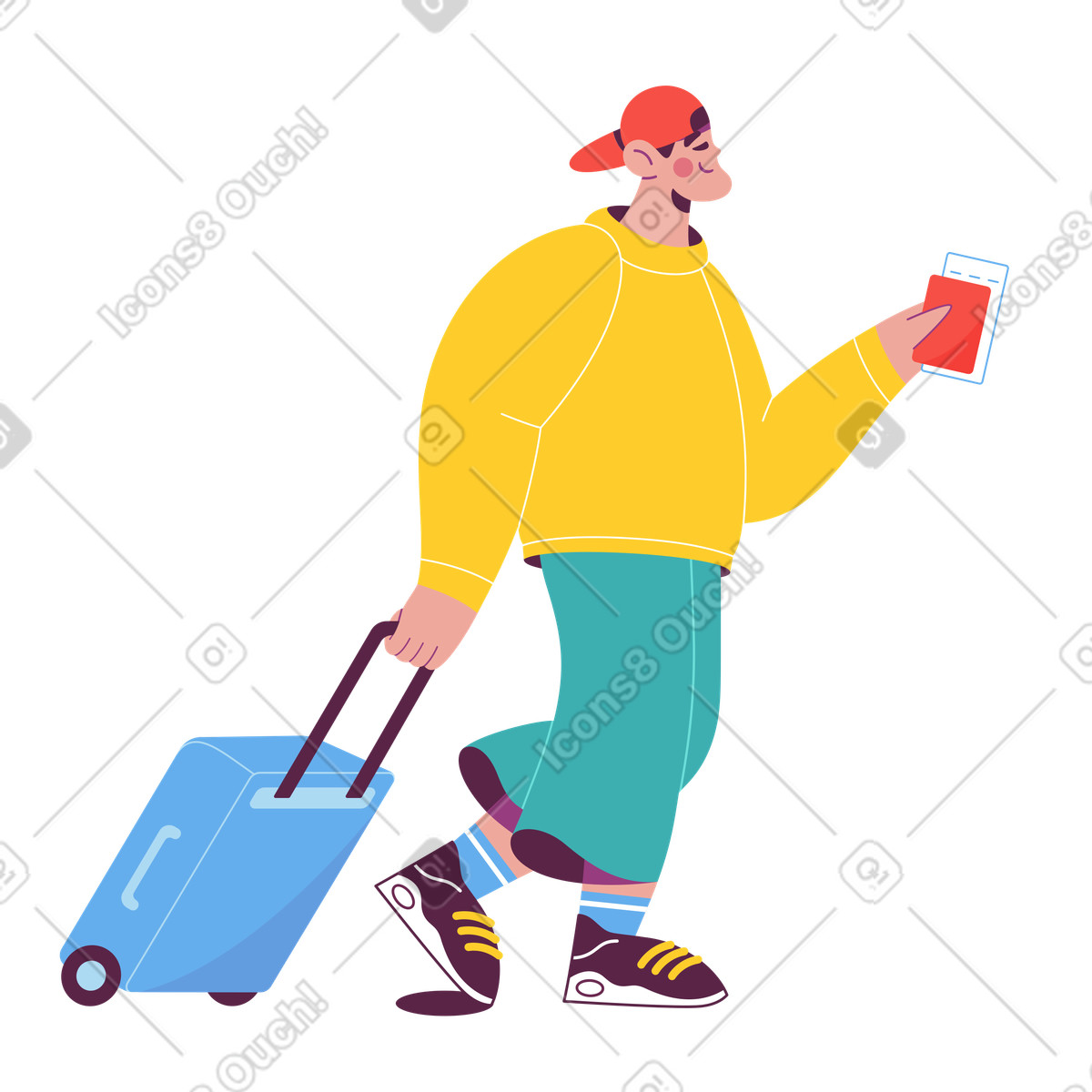 Illustration L'homme part en voyage avec une valise et un passeport dans le style Sammy à télécharger aux formats PNG, SVG