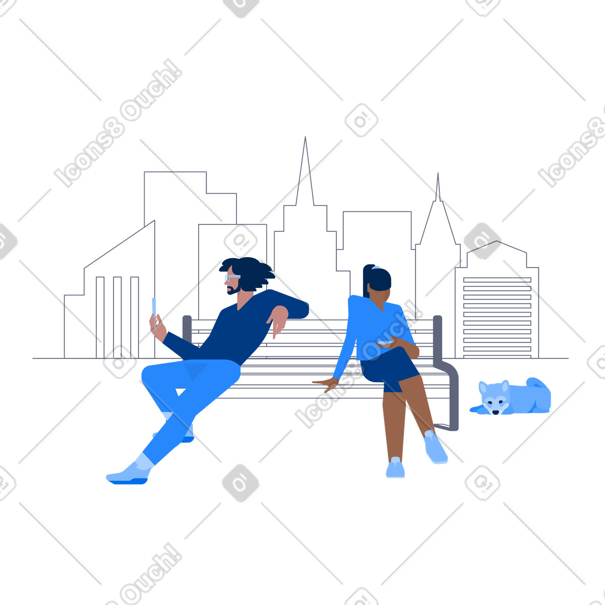 Urban 스타일의 Couple sitting on bench with phones in city park, No connection or social isolation 일러스트레이션 PNG, SVG 다운로드