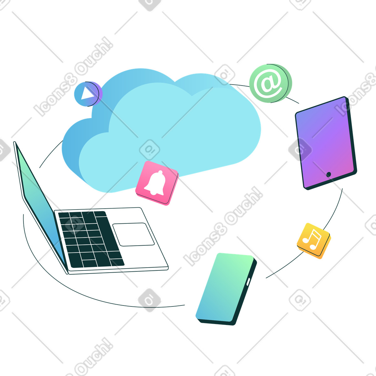 Laptop and devices connected to cloud, Online storage for smart illustration in Florid style download in PNG, SVG