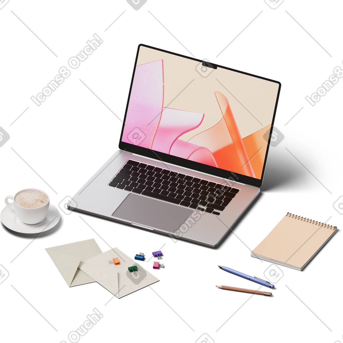 Vista isometrica di laptop, tazza caffè, quaderni e lettere illustrazione in stile 3D Hygge scarica in PNG, SVG