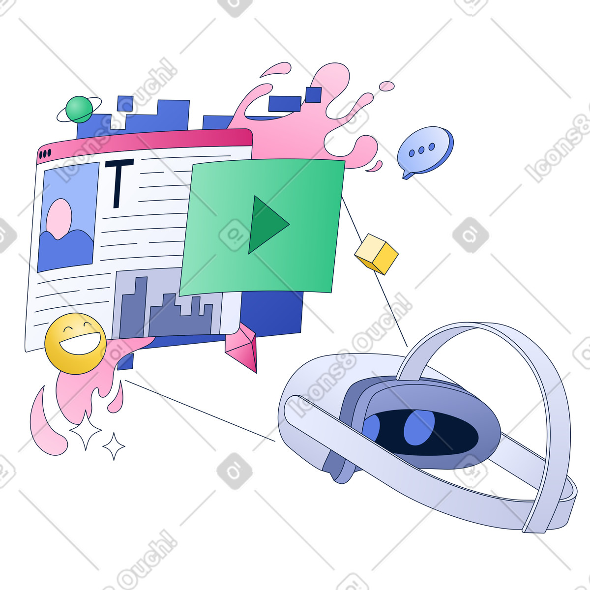 Visore vr che naviga nel feed dei social media illustrazione in stile Neat scarica in PNG, SVG