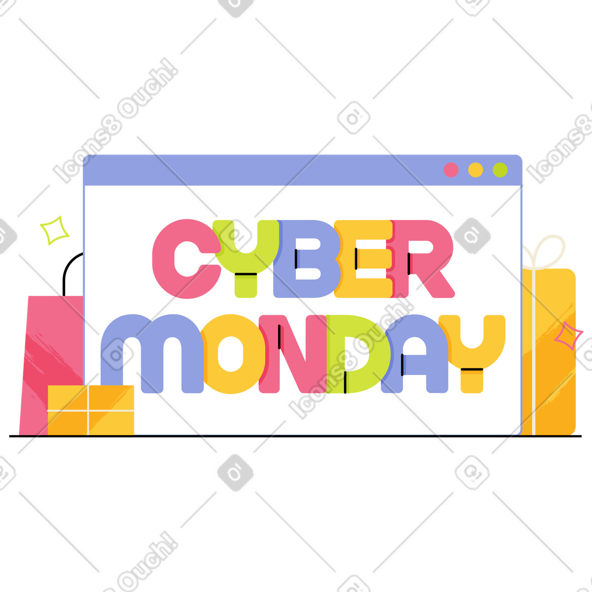 Colorful cyber monday lettering with purchases, online shopping and digital retail marketing illustrazione in stile Juicy scarica in PNG, SVG