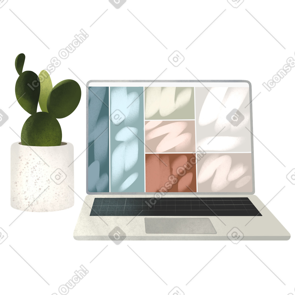 Workplace with laptop and cactus illustration in Demure style download in PNG, SVG