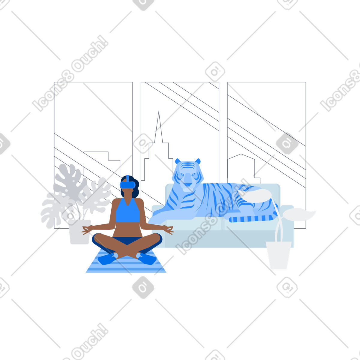 Yoga practice in living room with VR headset, Digital wellness and meditation illustrazione stile Urban scarica PNG, SVG