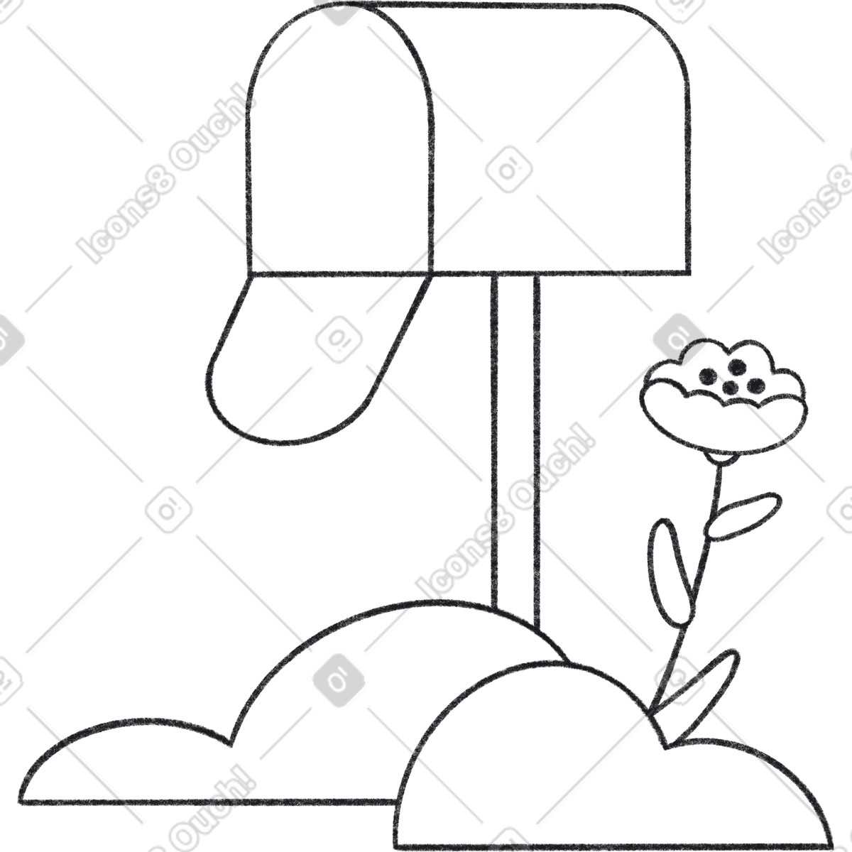 Mailbox with bush and flower-Illustration im Bonbon Line-Stil als Download in PNG, SVG