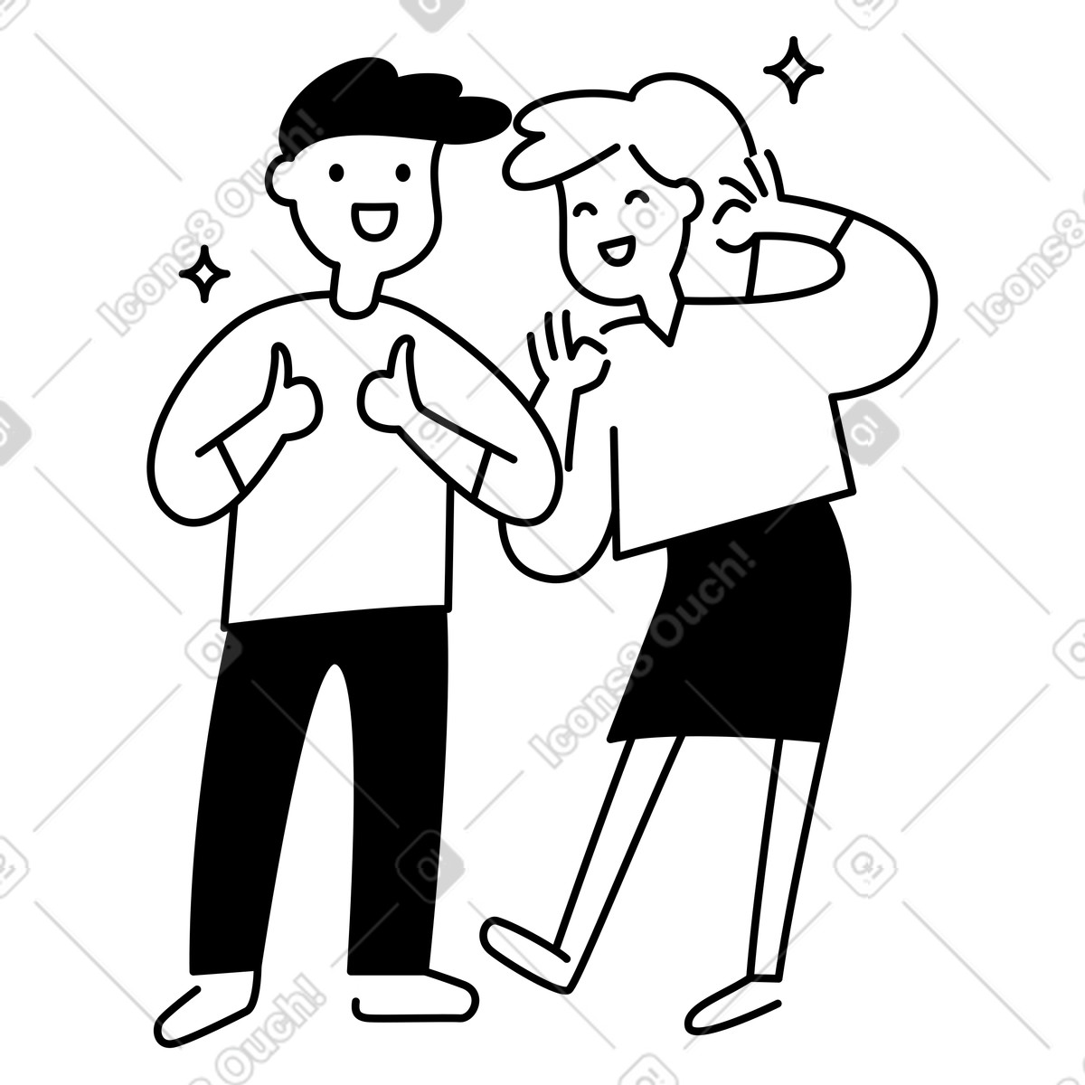 下载 Notion Line Art 风格的 Feedback conversation with listener holding ear and speaker gesturing happily 插画，支持 PNG、SVG 格式
