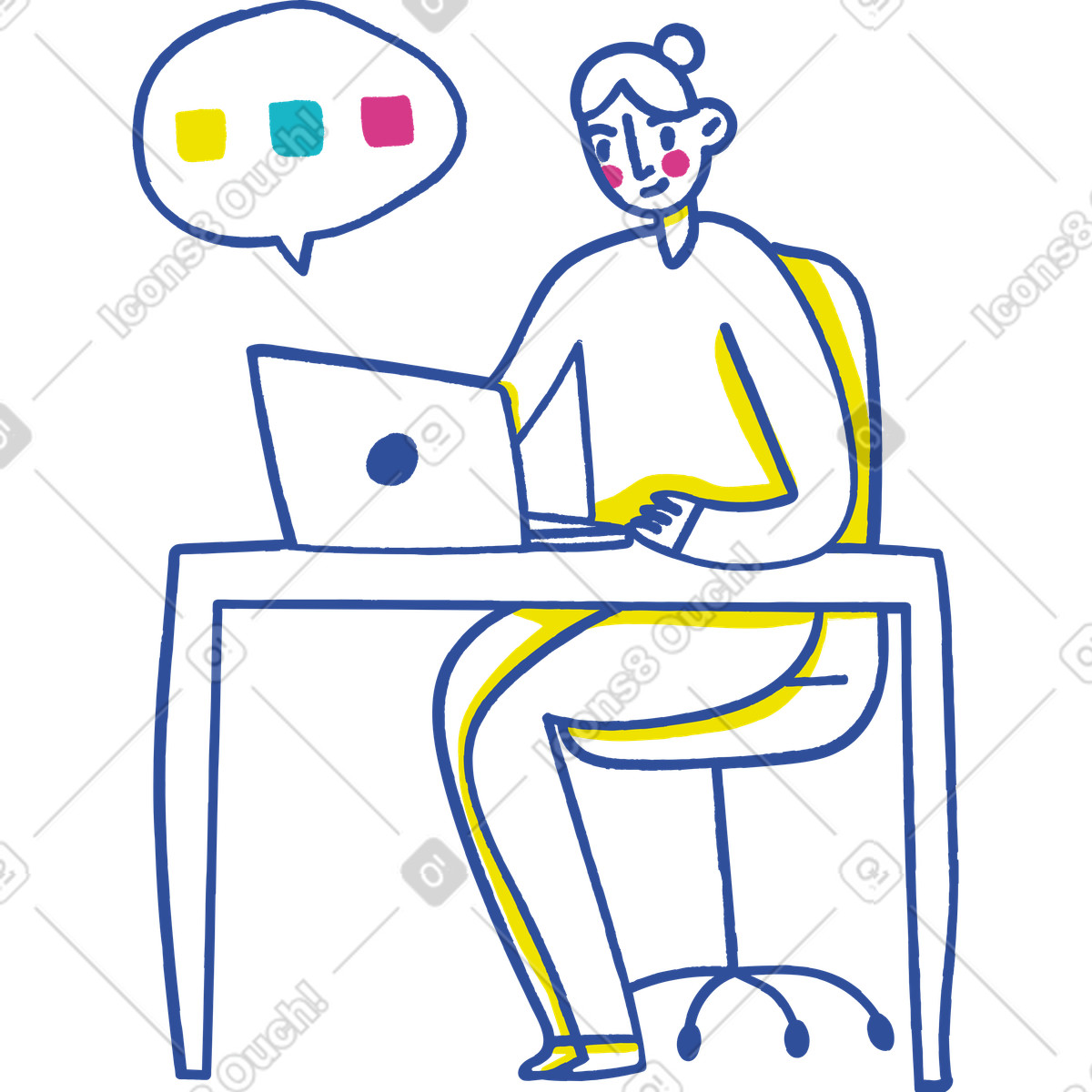 Frau sitzt am schreibtisch und lernt mit hilfe eines laptops-Illustration im Lime-Stil als Download in PNG, SVG