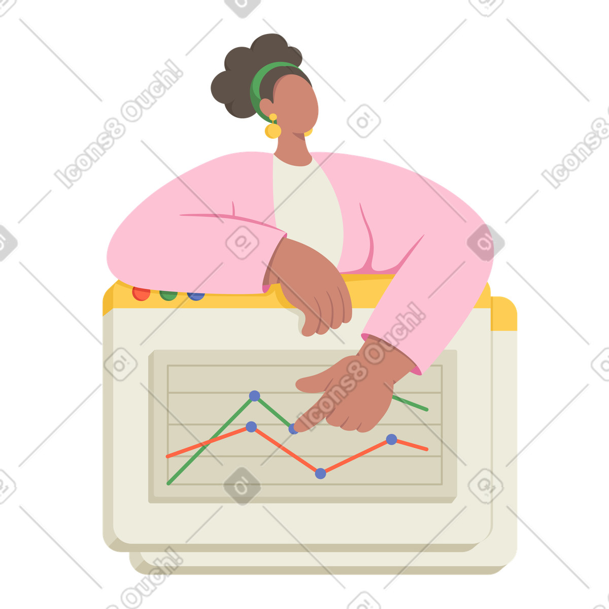 Woman presenting data analytics with line graph animated illustration in Social style download in GIF, Lottie (JSON), AE