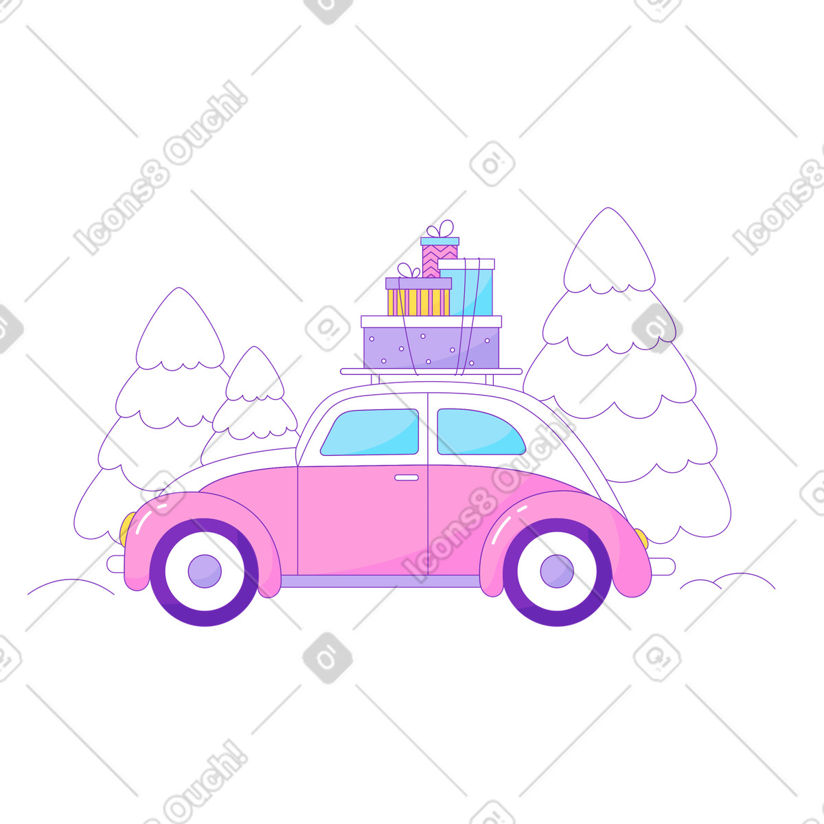 Elastic スタイルの Pink car with gifts のイラストをPNG、SVG形式でダウンロード
