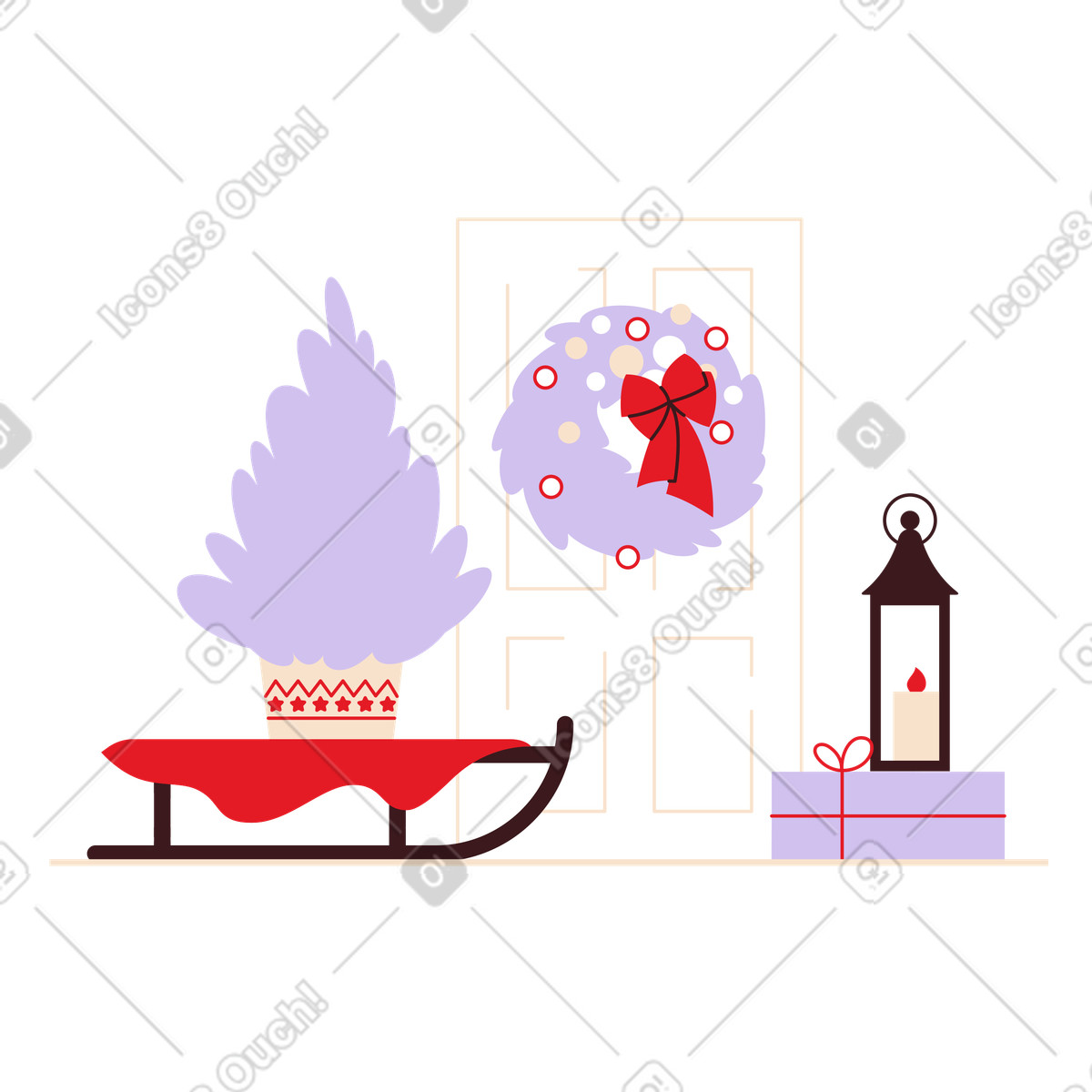 Decorated doorstep with wreath and gifts, Christmas home entrance illustrazione in stile Folks scarica in PNG, SVG