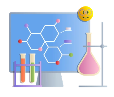 A computer displaying molecular structure and lab equipment - Silky style illustration