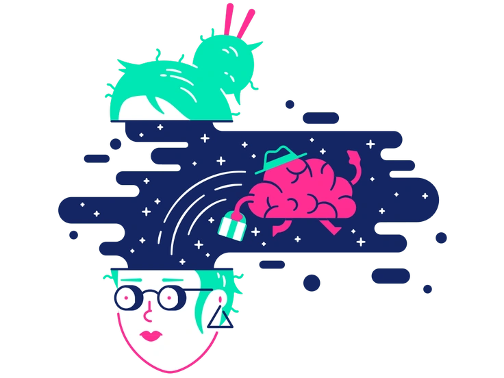 A brain with a hat emerging from a head - Cyborg style illustration