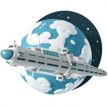 A flat-3D space station with a sleek, metallic design, featuring multiple interconnected modules and large observation windows. The station is equipped with solar panels and antennas, reflecting sunlight. It is situated in the foreground, with the vibrant blue and white colors of Earth visible in the background, showcasing swirling clouds and deep blue oceans. The stars and darkness of space provide a contrasting backdrop, enhancing the sense of vastness surrounding the space station.