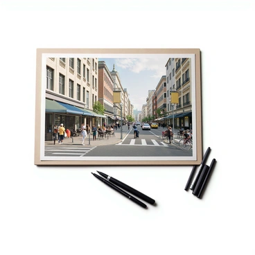 A detailed urban scene featuring a bustling city street. The scene includes various tall buildings with windows and intricate architectural details. People are walking on the sidewalk, some with shopping bags, while others are sitting at outdoor café tables. There are cars parked along the street and a bicycle leaning against a lamppost. Nearby, there are ink pens scattered on a 1/2 size illustration board, indicating the ongoing work on the scene. The overall composition captures the lively atmosphere of an urban environment.
