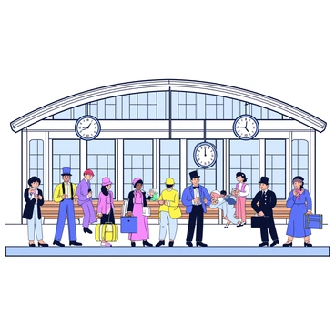 A classic train station with a grand arched roof and large, ornate windows. The platform is busy with figures dressed in period clothing, including men in top hats and suits and women in long dresses with parasols. Some figures are holding suitcases and checking timepieces. The station has vintage wooden benches and a large, elegant clock hanging from the ceiling. The atmosphere is lively with the sounds of train whistles and chatter.